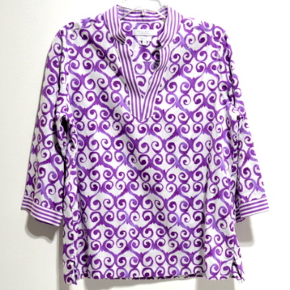 Foxcroft for Appleseed’s Women’s Pink & White V-Neck 3/4 Sleeve Top – Size: 12
